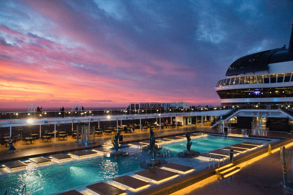 MSC Euribia cruise ship pool deck at sunset 