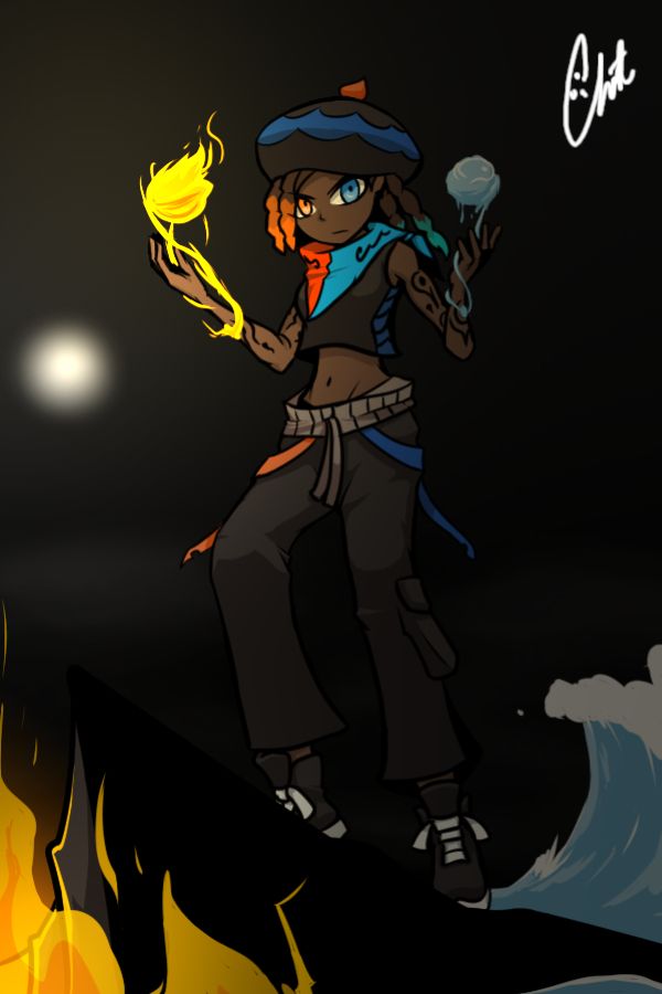 An OC: a black woman wielding power of fire and water