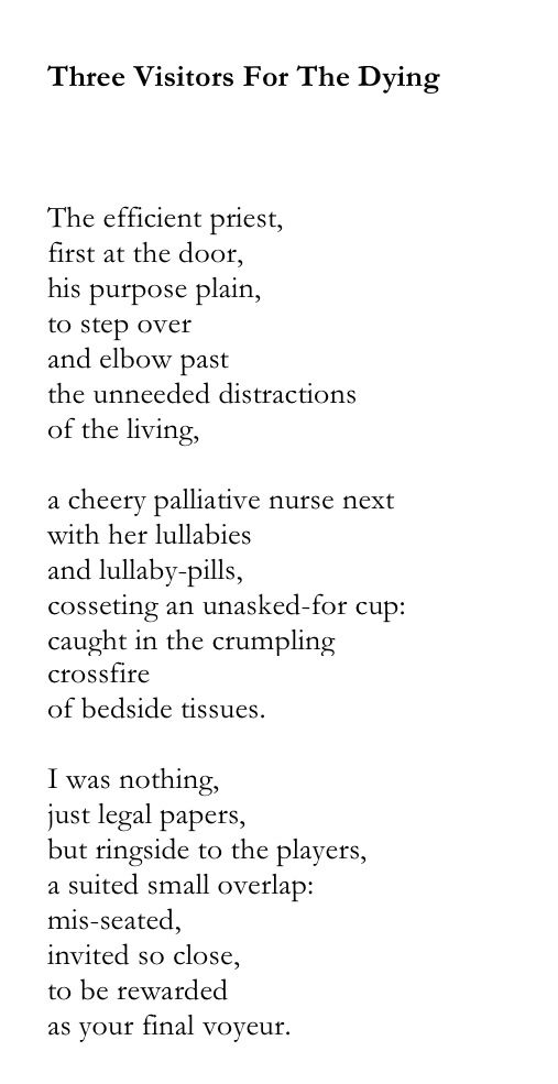 Three Visitors For The Dying



The efficient priest,
first at the door,
his purpose plain,
to step over 
and elbow past
the unneeded distractions 
of the living,

a cheery palliative nurse next
with her lullabies
and lullaby-pills,
cosseting an unasked-for cup:
caught in the crumpling
crossfire 
of bedside tissues.

I was nothing,
just legal papers,
but ringside to the players,
a suited small overlap:
mis-seated,
invited so close, 
to be rewarded
as your final voyeur.
