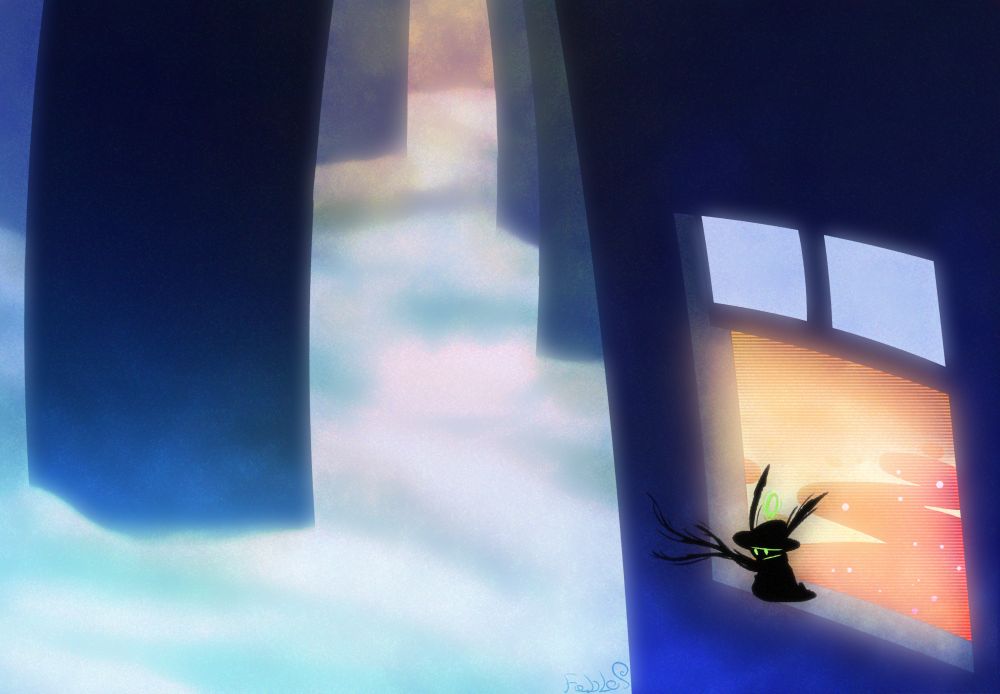 Skyscrapers poking out from a sea of clouds, it's not possible to determine the true height of them. On the one closest lies an open window, showing a world with scan lines and a trail of orange speckled with dots.

On the window stands an Unnamed Creature, looking down at the world not made for it.