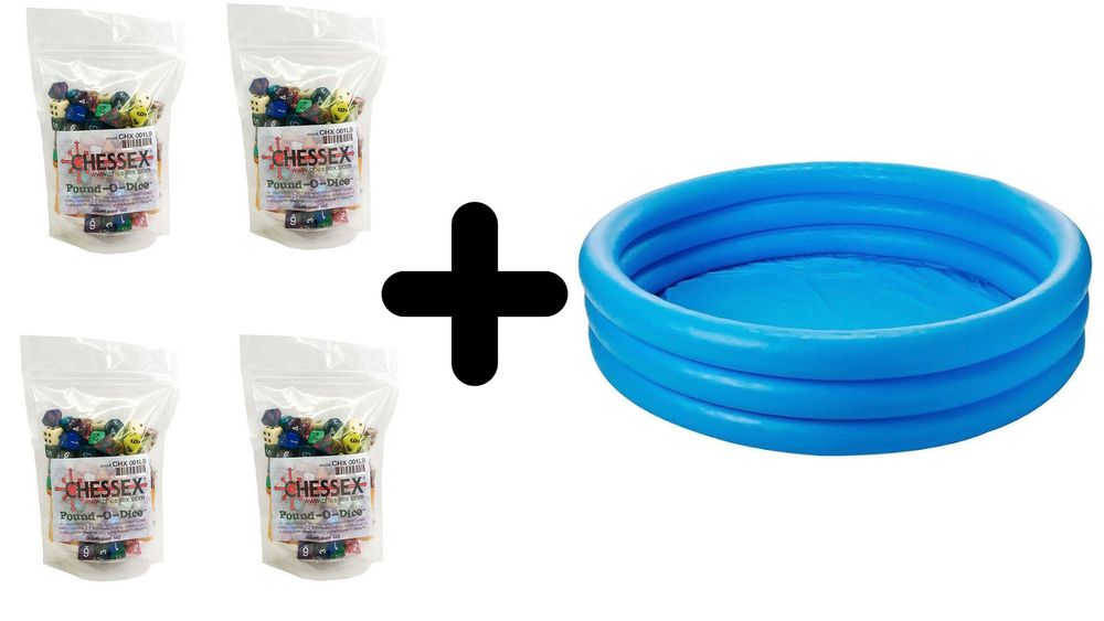An image showing several massive bags of dice next to an inflatable paddling pool. A plus side is between them.