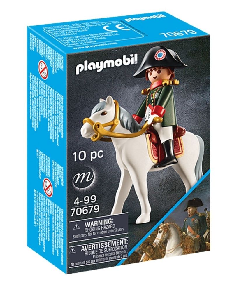 A Playmobil figure of Napoleon Bonaparte atop his horse.