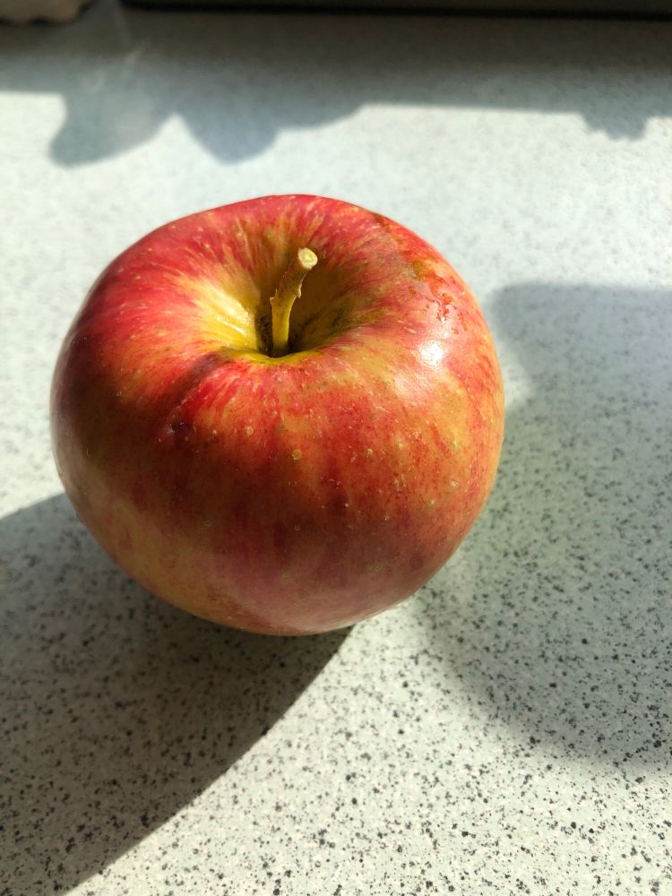Ein Apfel auf einer Küchenarbeitsplatte. Er steht für mich in diesem Fall für den Apfel der Zwietracht. "Alle Götter sind zur Hochzeit des Peleus und der Thetis eingeladen, ausgenommen Eris, die Göttin der Zwietracht. So beleidigt, wirft sie von der Tür aus einen goldenen Apfel mit der Aufschrift τῇ καλλίστῃ[5] (griechisch, „Der Schönsten“, „Für die Schönste“) unter die feiernden Götter des griechischen Olymps.[6] Daraufhin kommt es zum Streit zwischen Hera, Athene und Aphrodite, wem dieser Apfel gebühre (daher auch Zankapfel/Erisapfel)." Quelle:Wikipedia