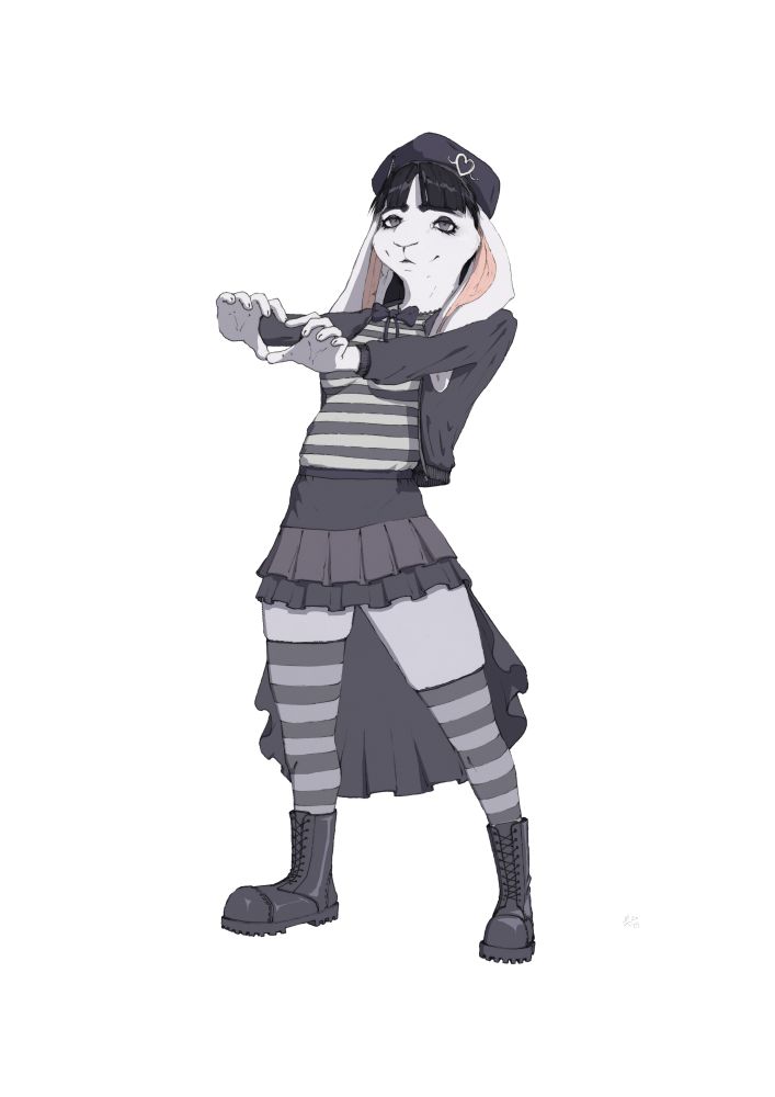 A digital illustration with traditional inked lineart showcasing an anthropomorphic bunny girl with floppy ears dressed in a black dress under a hoodie, with a striped shirt and stockings, bovver boots and a beret, standing against a white background. The girl is seen standing confidently, looking directly at the viewer while doing a hand heart gesture.
