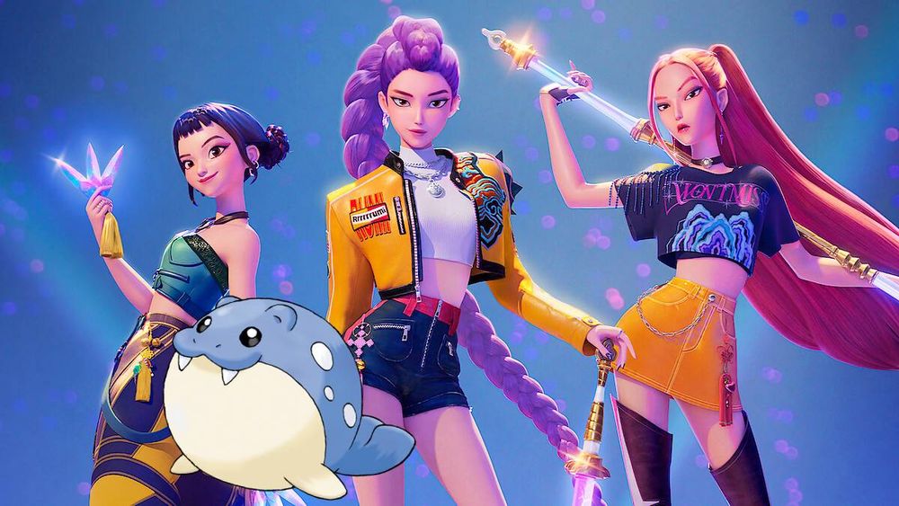 HUNTR/X, from west to east; Zoey (and Spheal!), Rumi, and Mira. All wielding their signature weapons (Kunai for Zoey, katana> for Rumi, and polearm for Mira).