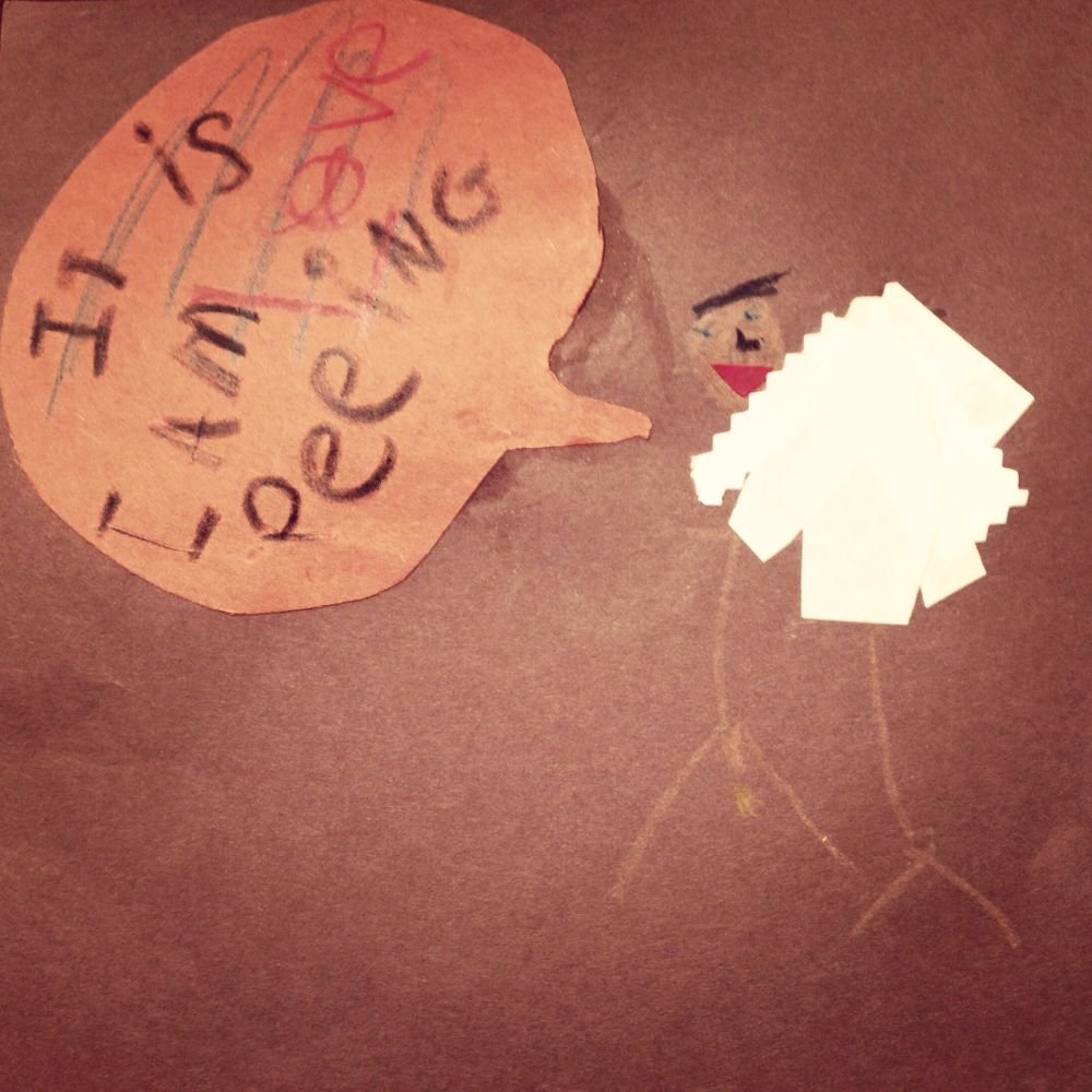 A young child’s mixed media collage featuring a stick figure with a speech bubble that reads “It is love I Am Peeing”
