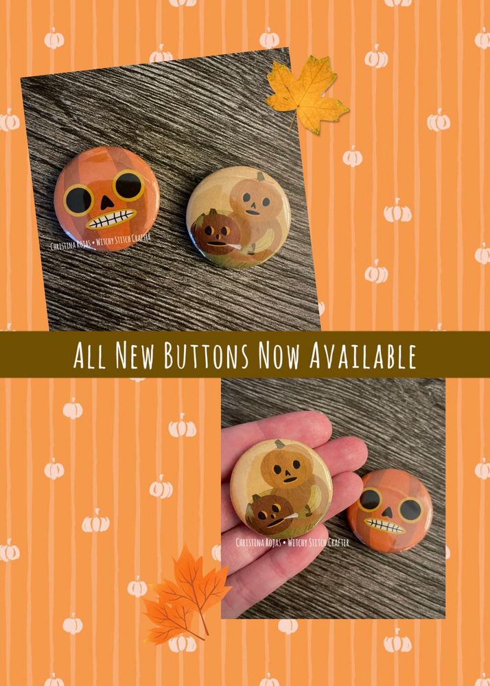 Photo collage - two photos of two button designs inspired by the pumpkin folk as seen in the Autumn themed series Over the Garden Wall