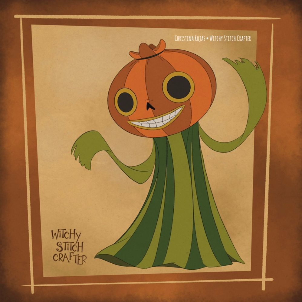 Illustration - Enoch the pumpkin from the autumn themed series Over the Garden Wall in front of a brown warm tone background 