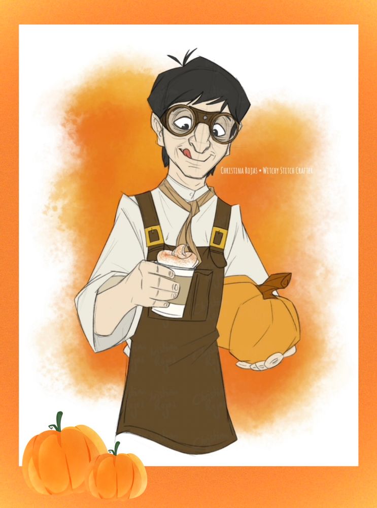 Illustration - Ygor from Darkmoor / Dark Universe / Epic Universe holding a pumpkin and enjoying a pumpkin spice latte in front of an orange background with an orange frame around the illustration; pumpkin stickers added on the side too. This Ygor design is based on the animated one seen in the ride Monsters Unchained: The Frankenstein Experiment pre show 