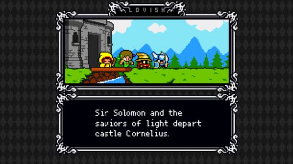 A cutscene from LOVISH. The text reads, "Sir Solomon and the saviors of light depart castle Cornelius." In the screen, Sir Solomon is bravely leading his friends out of the castle, and onto their next adventure.