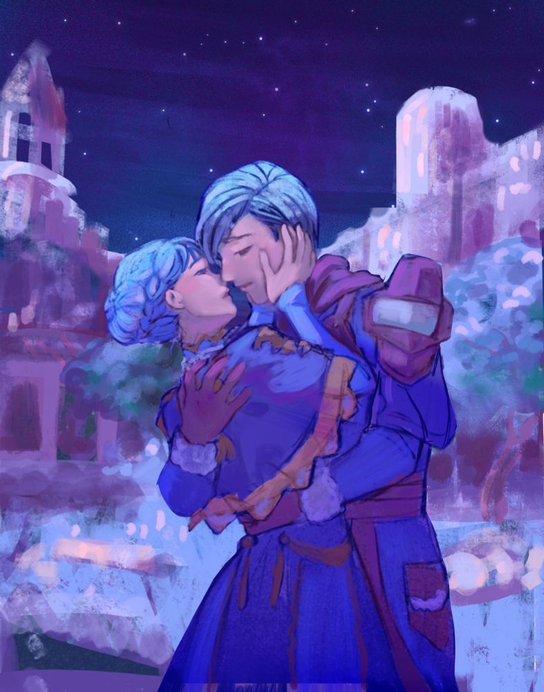 an unfinished painting of ashe and marianne from fe3h almost kissing in the middle of a chapel courtyard ruins that have gone wild at night