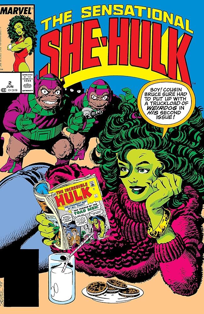 capa do quadrinho The Sensational She-Hulk (1989-1994) #2 em que a Shehulka tá bem a vontade lendo um quadrinho do seu primo, Hulk, enquando come uns oreos e tome um leite e fala "Boy! Cousin Bruce sure had to put up with a truckload of weirdos in his second issue!"
