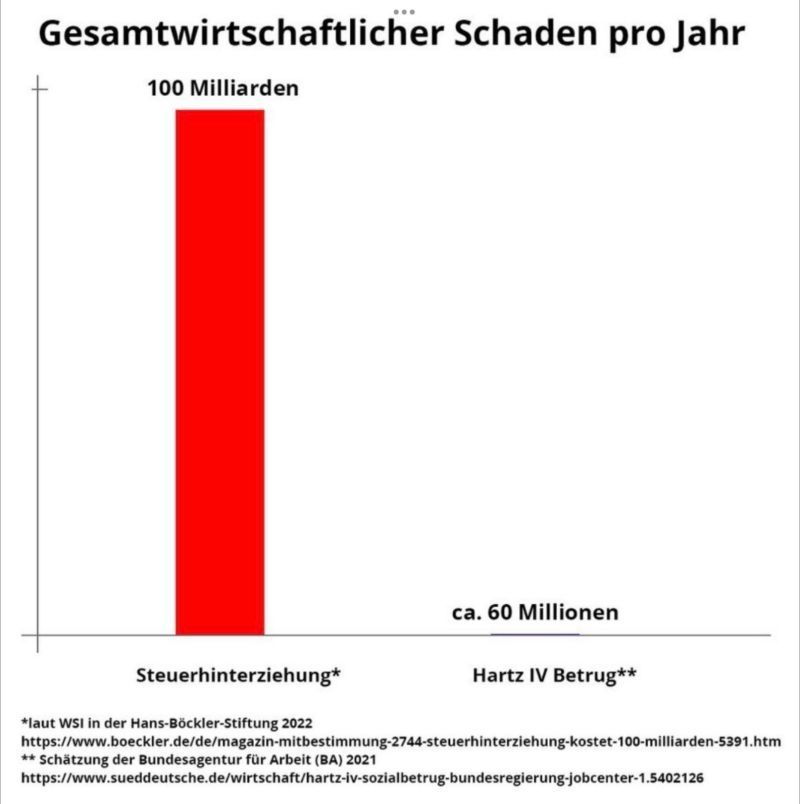 Balkendiagramm gesamtwirtschaftlicher Schaden pro Jahr, erster Balken zeigt Steuerhinterziehung mit 100 Milliarden Euro, zweiter Balken (kaum zu sehen) Hartz IV Betrug mit 60 Millionen Euro. 