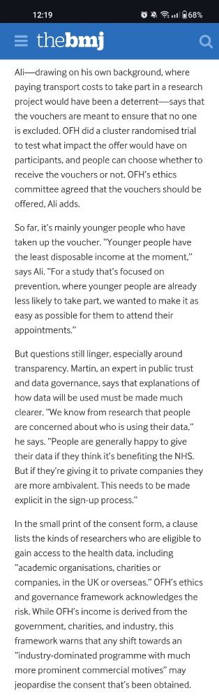 Screenshot of key paragraphs from the bmj article referenced earlier in the thread, discussing why OFH offers vouchers for participants to sign up