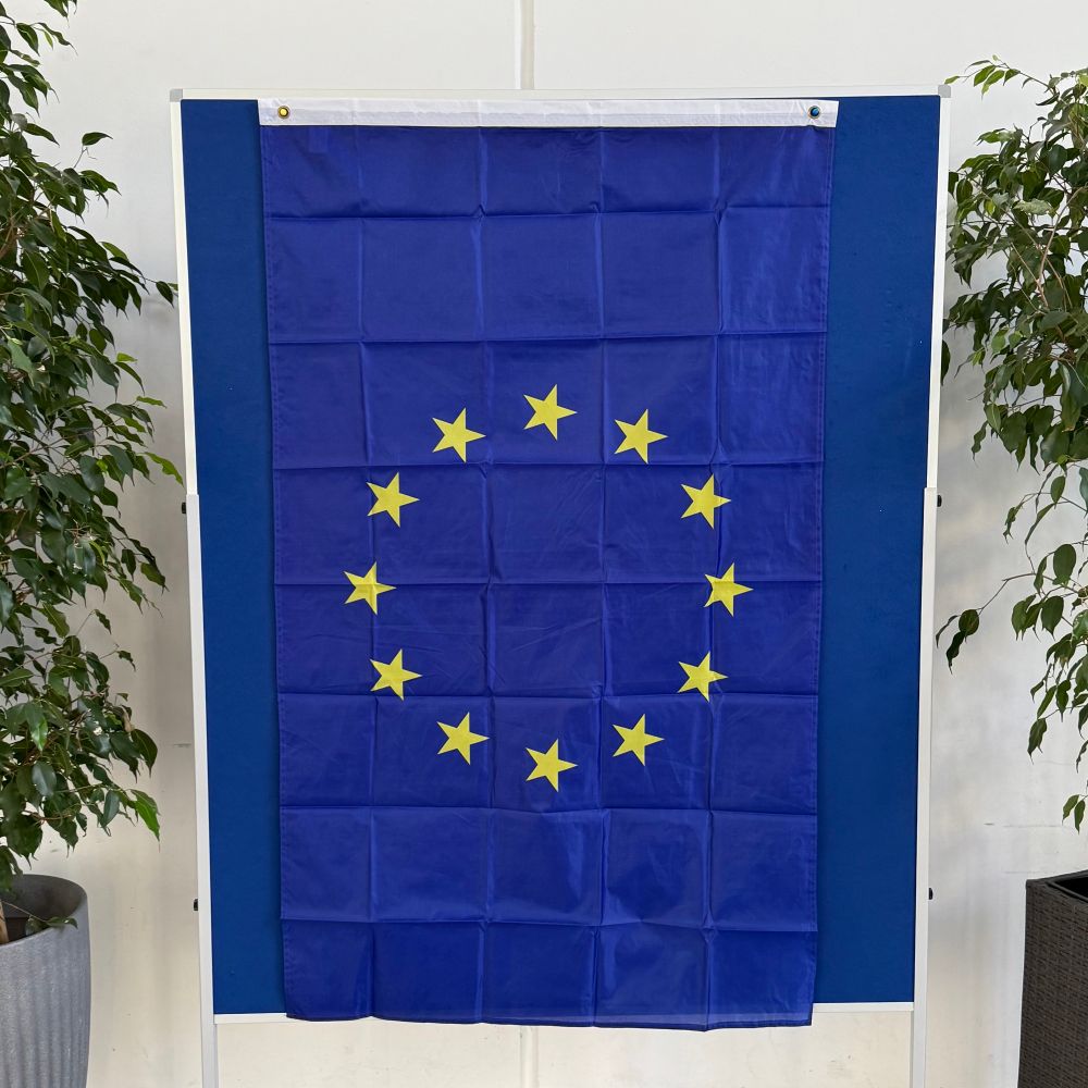 Die Europaflagge zeigt zwölf goldene, fünfzackige Sterne im Kreis angeordnet auf blauem Hintergrund.