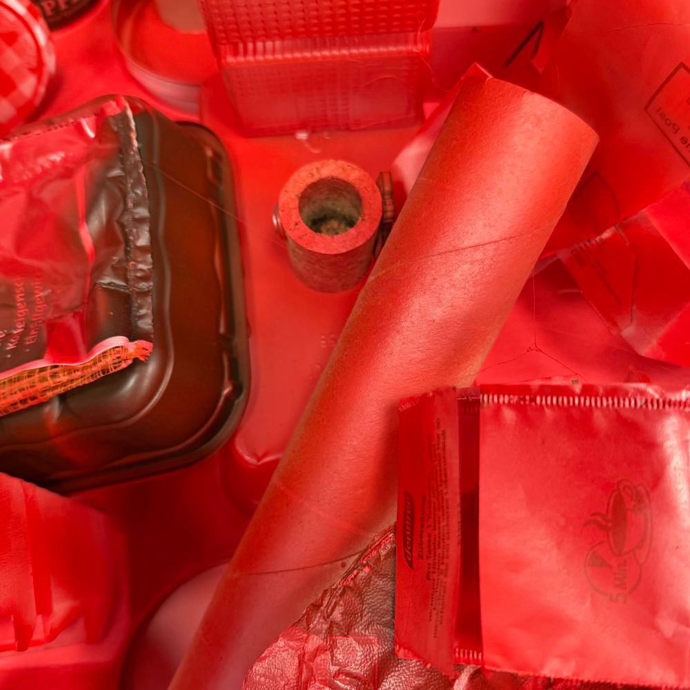 Darstellung der Farben Rot, Orange, Lila und Pink mit besprühtem Müll