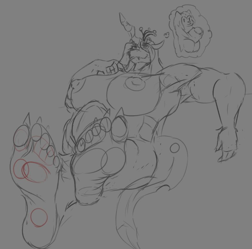 A foot shot of Queen Chrysalis day dreaming of a big dicked chibi character.