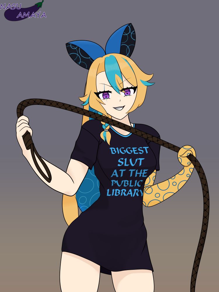 Myrral the blue ringed octopus vtuber holding a whip while looking menacingly at the viewer wearing a shirt that reads "biggest slut at the public library"