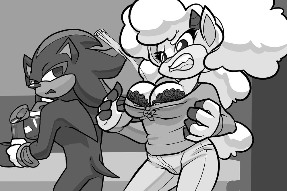 Lanolin the sheep busting out of her top, not very happy with it. Shadow on the left turning around while pouring coffee, annoyed with her shouting.