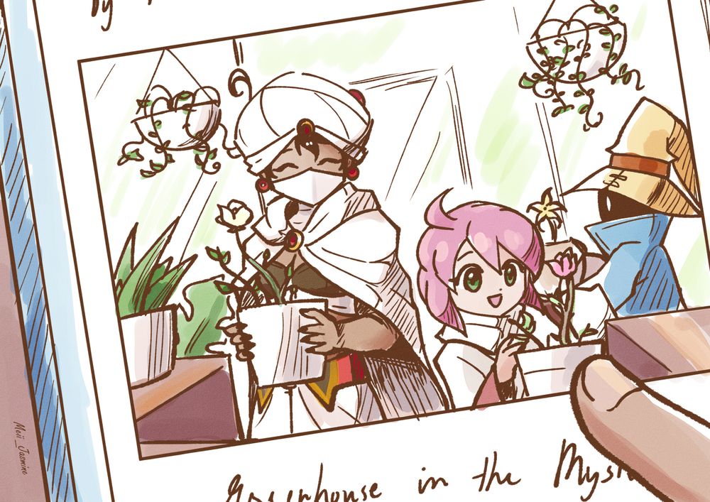 Minwu, Shiroma, and Vivi Ornitier doing gardening together! Minwu seems to be guiding them and is pleased with how everything is turning out.