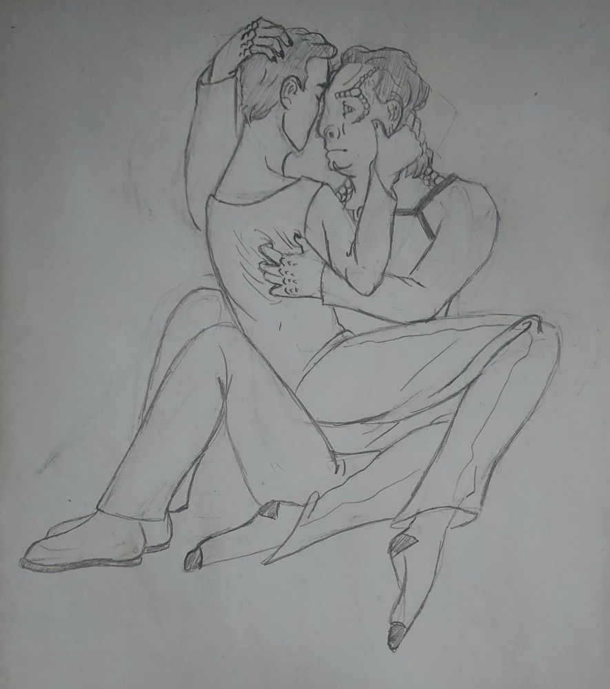 Pencil drawing of Julian Bashir and Elim Garak. Julian is sitting in Garak's lap and leaning away from the viewer, his face turned away. He's wearing pajamas and socks. He cups his hand and around the back of Garak's very neck tightly. Garak has his legs up, shielding Julian's back. He looks at the viewer out of the corner of his eye, mouth downturned. On hand rests on the back of Julian's head, and the other is digging into the fabric of his shirt tightly. He still has his shoes on. 