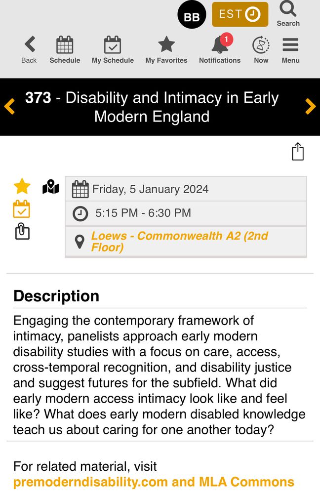 Screenshot with info for the session: Friday at 5:15 in Loews Commonwealth A2.