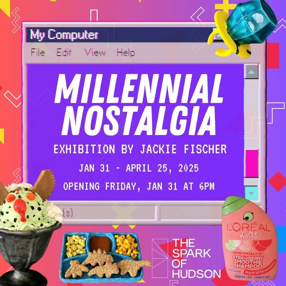 Exhibition post card for Millennial Nostalgia a ceramic sculpture exhibition by artist Jackie Fischer opening this Friday January 31st at 6 pm at the spark of hudson in hudson ny