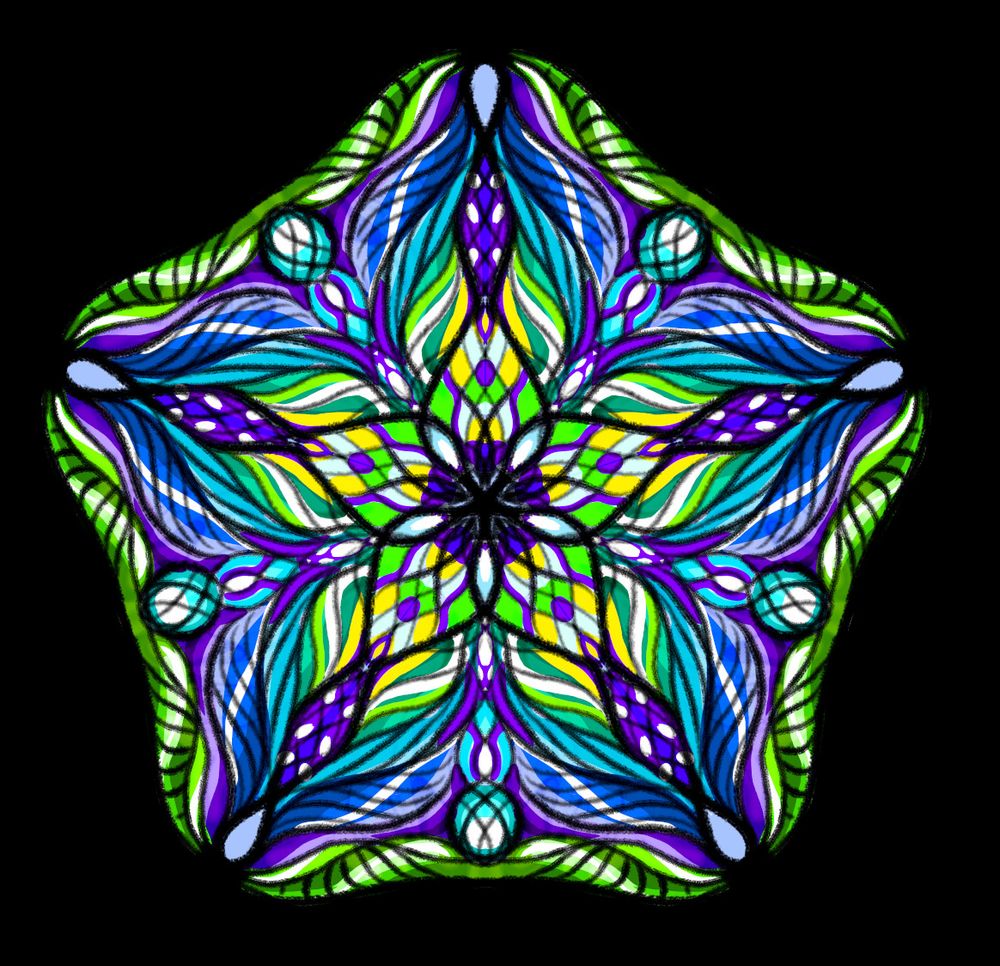 A short-limbed stained glass starfish in purples, yellows, greens and blues similar to an iris flower shot through with black lines like it is made of small panes of glass. 