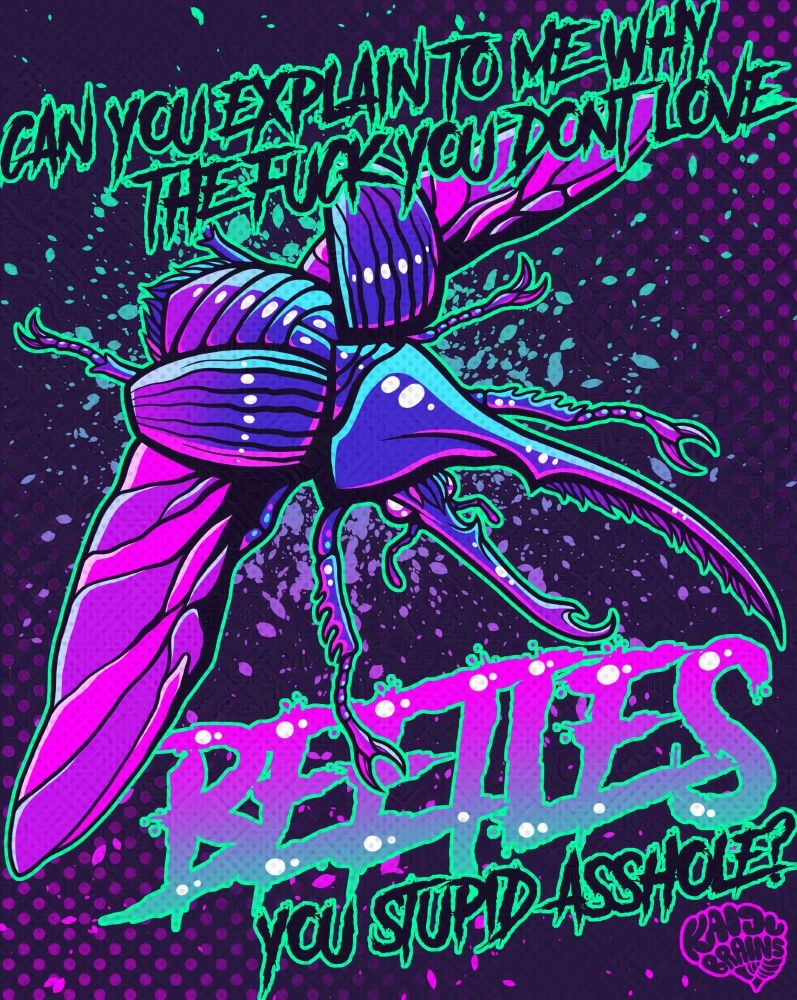A drawing of a purple beetle with pink wings. The text reads; can you explain to me why the fuck you dont love beetles, you stupid asshole?