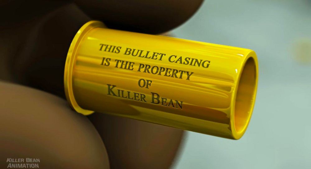 screenshot from the movie "Killer Bean Forever" ; picture of a bullet casing with the words "THIS BULLET CASING IS THE PROPERTY OF KILLER BEAN" engraved on it