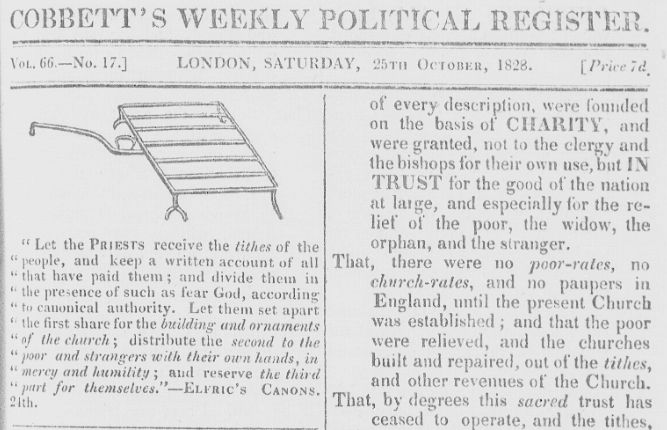 The top portion of the front page of Cobbett's Weekly Political Register of 25 October 1828 showing an instrument, tool, or machine, which resembles a bedframe with mismatched legs and a long, curved handle coming from the middle at right angle.