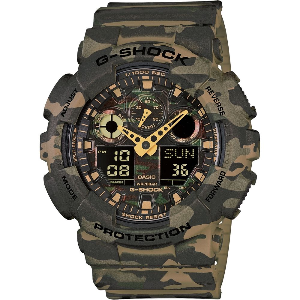 A horrendously ugly Casio G-shock in camo with gold hands