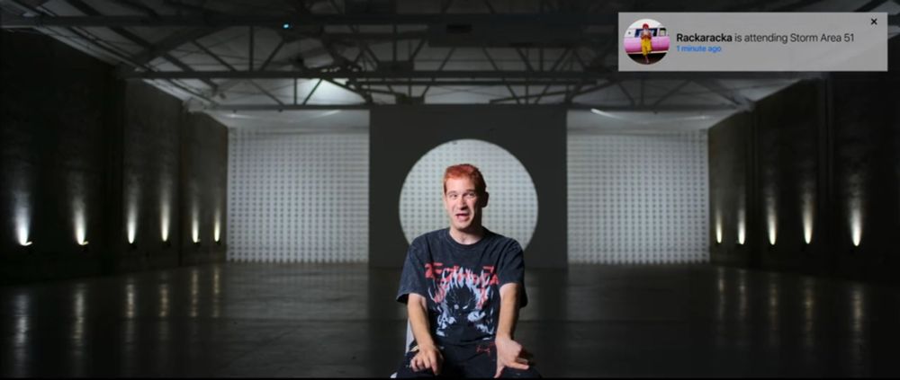 Danny Phillippou as a Netflix talking head; a notification in the corner reads “Rackaracka is attending Storm Area 51”
