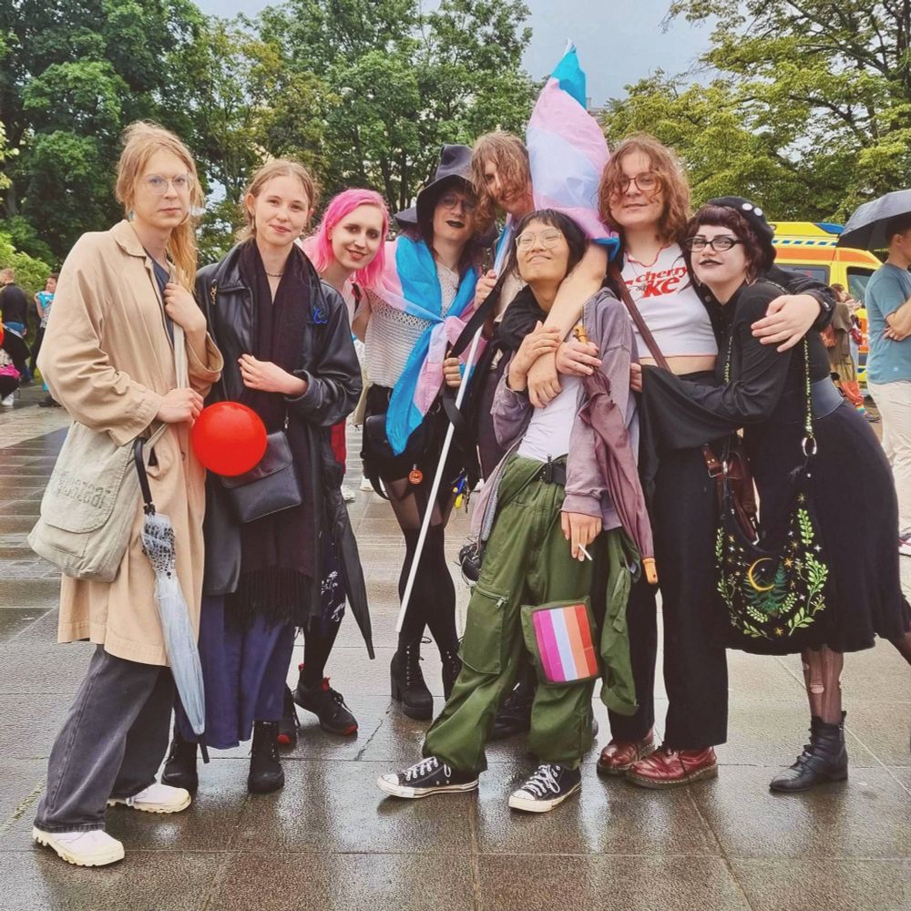 an eightsome of gay creatures posing in a somewhat slanted way embracing each other and running trans flag. a rainy day makes the stone and the trees pop