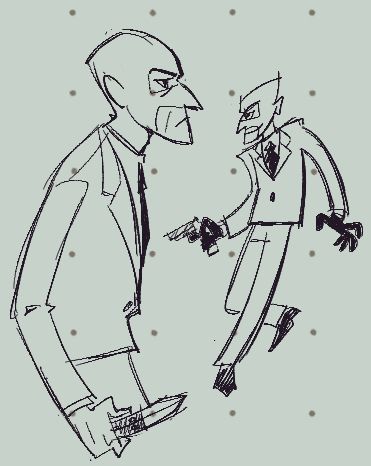 Digital sketches of the Spy from Team Fortress 2. The left sketch shows only the upper half of his body; he is standing in profile view and is holding a knife in hand. The second sketch is a full body drawing in a more simplistic style. His body faces the camera, but his head is turned left. He holds a gun in one hand.