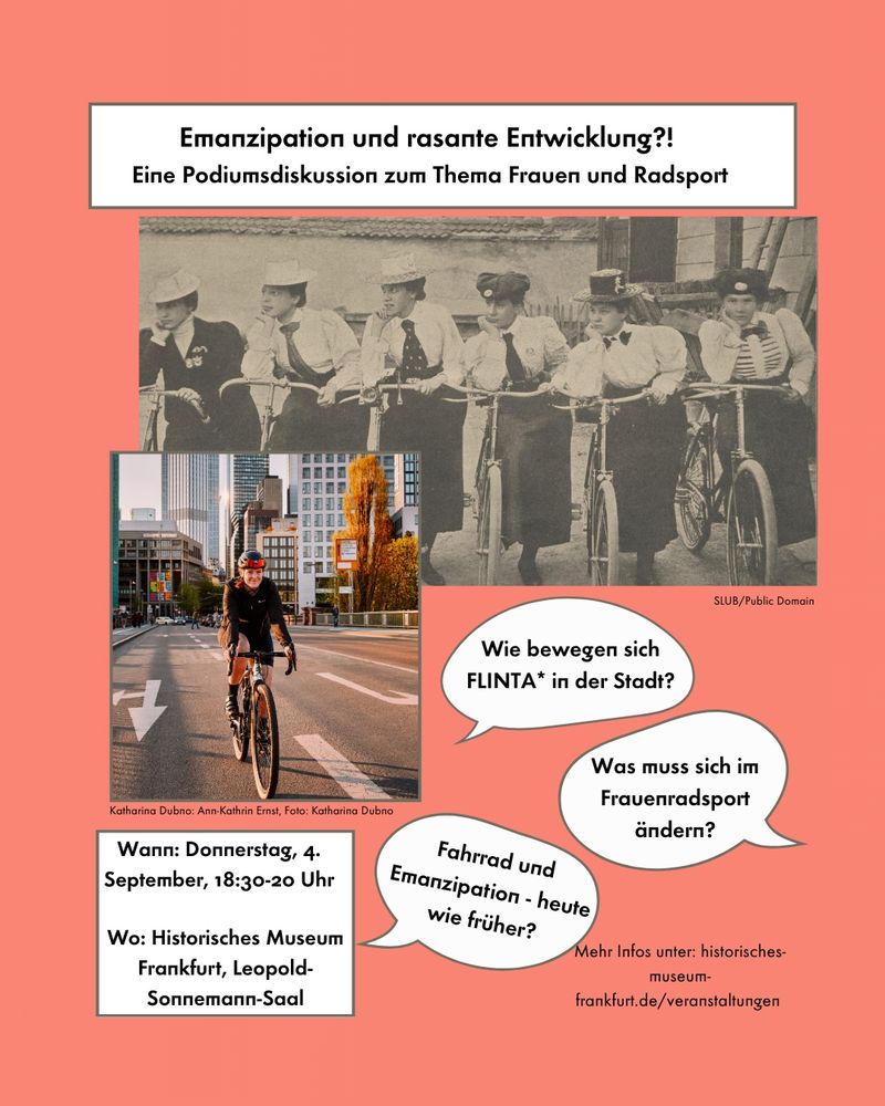 Veranstaltungsflyer Frauen und Radsport im historischen Museum Frankfurt. 4.9.25 18:30