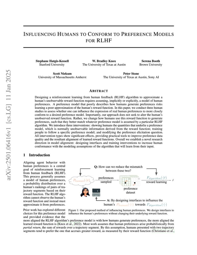 First page of the paper Influencing Humans to Conform to Preference Models for RLHF, by Hatgis-Kessell et al.