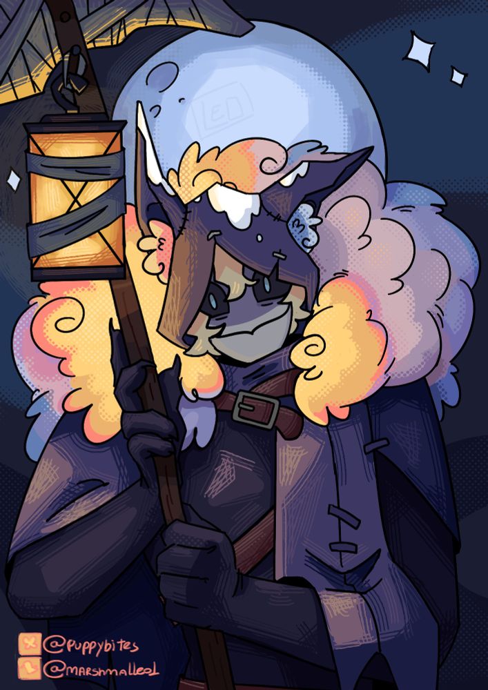 Ilustração do Night Watch (Identity V.) Ele segura a foice com duas mãos; a lanterna deixa uma luz amarelada no acessório de pelos que fica em seu pescoço. O fundo é um céu noturno simples