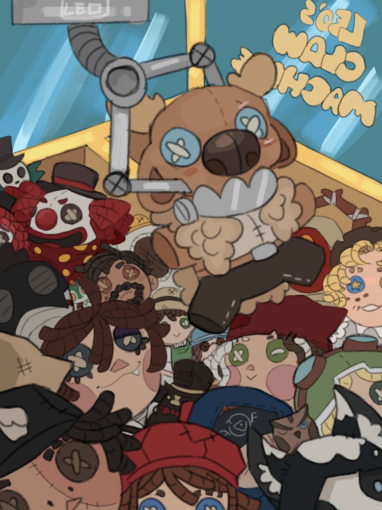 Fan art from the game Identity V. Its a claw machine holding a plushie version of Bane and theres plushie versions of other characters in the background.