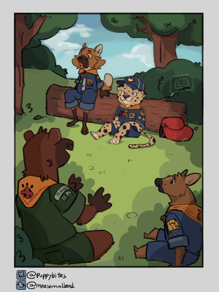 Ilustração de três escoteiros do ramo lobinho acompanhados de seu chefe. Eles são, respectivamente, um lobo-guará, uma onça pintada, um cervo-do-pantanal e uma capivara. Estão sentados na grama conversando.