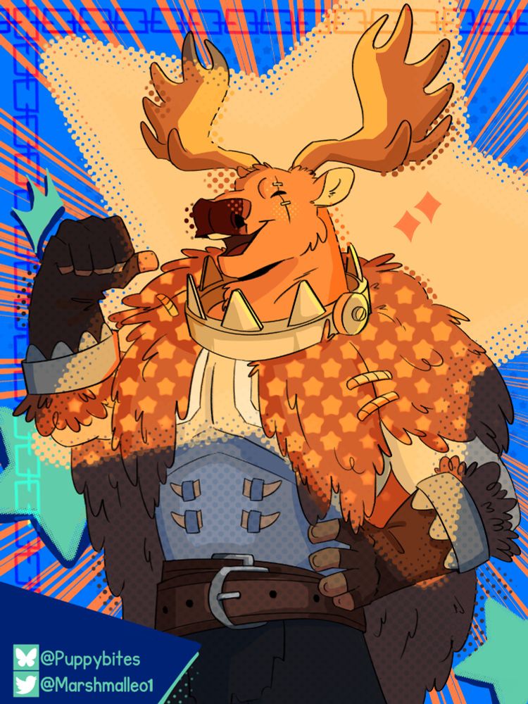 Ilustração do personagem Bane. Ele está sorrindo, há uma estrela amarela no modo sobrepor em cima dele. O fundo é azul com linhas laranja e também há estrelas.