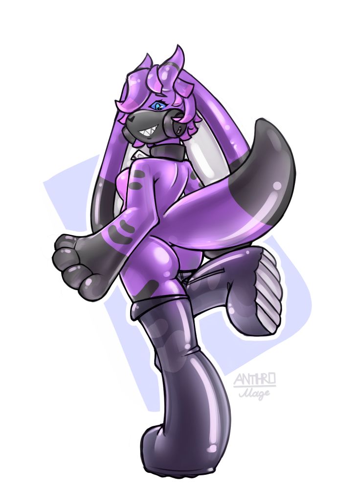 An illustration of my fursona, Ayase, wearing big shiny boots that are styled after Mage's own sona. Because they are the boots. It's inanimate tf. They're very cute boots, too.
