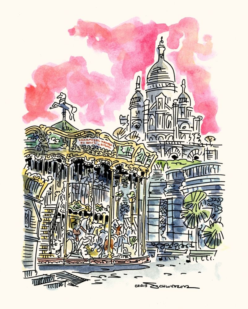 Watercolored drawing, sky is pink