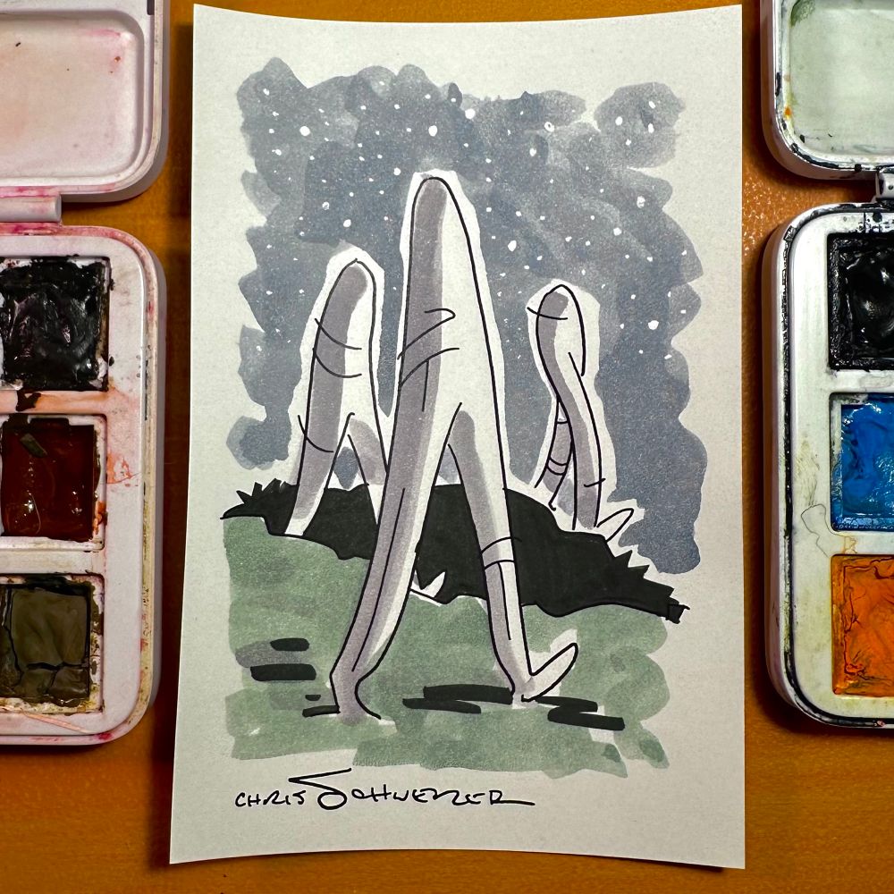 Watercolored drawing of three figures comprised of white legs walking along a hillside