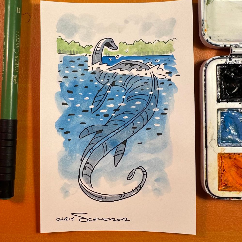 Watercolor drawing of an exceptionally long-bodied aquatic reptile, somewhere between a mosasaur and rhomaleosaurus. The head and back are cresting the water in a way that puts them in the same position as that seen in the 1977 Masi photograph. Below the water, the drawing is still black ink but it's is covered with blue paint. White and black lines cover the lake drawing in an attempt to simulate light reflecting off its surface.