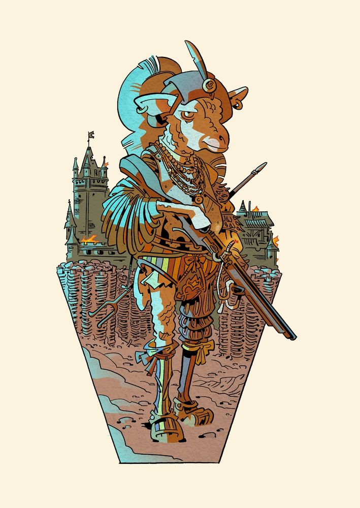 drawing of a lamb dressed as a landsknecht