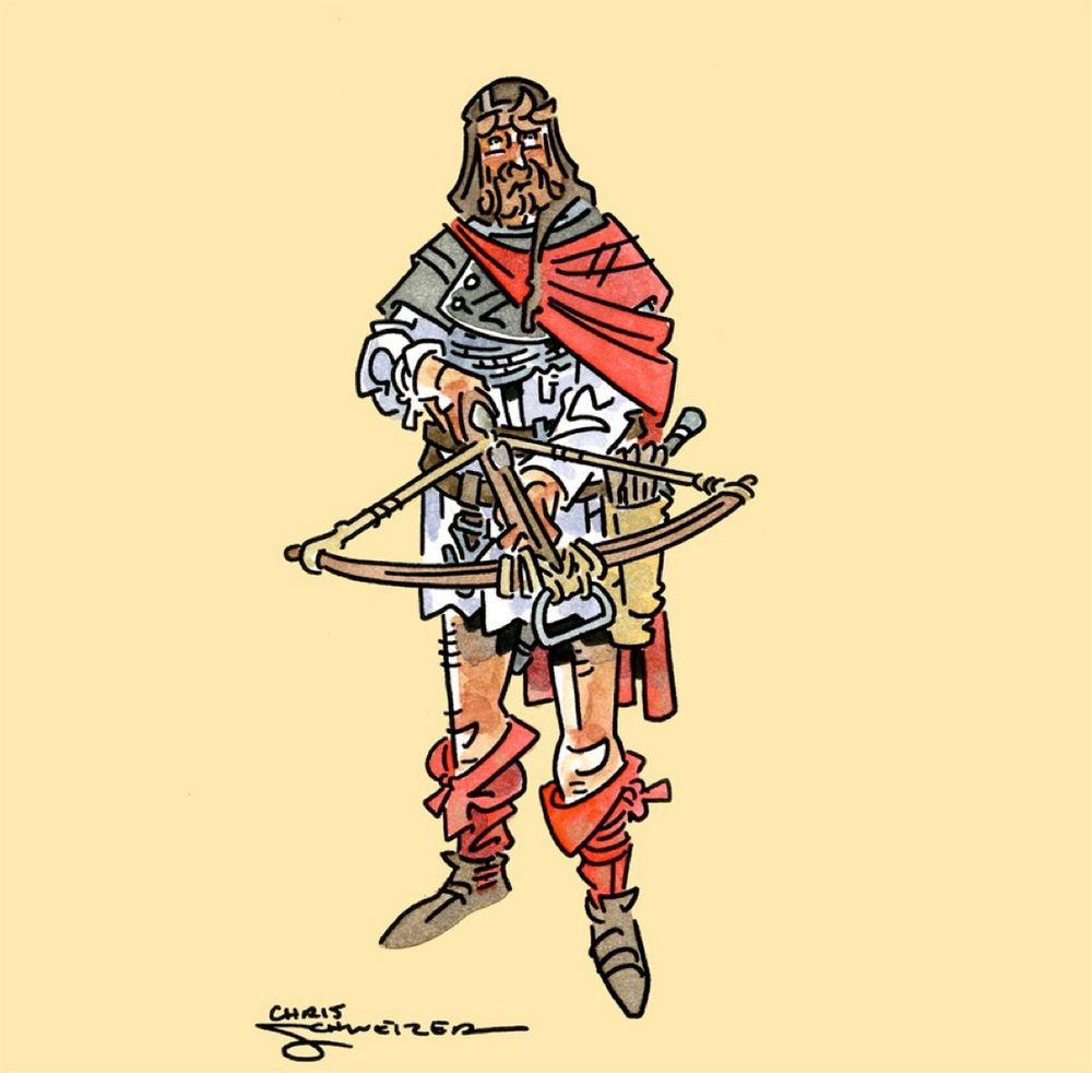 Painted watercolor of a man with a crossbow in a red cloak
