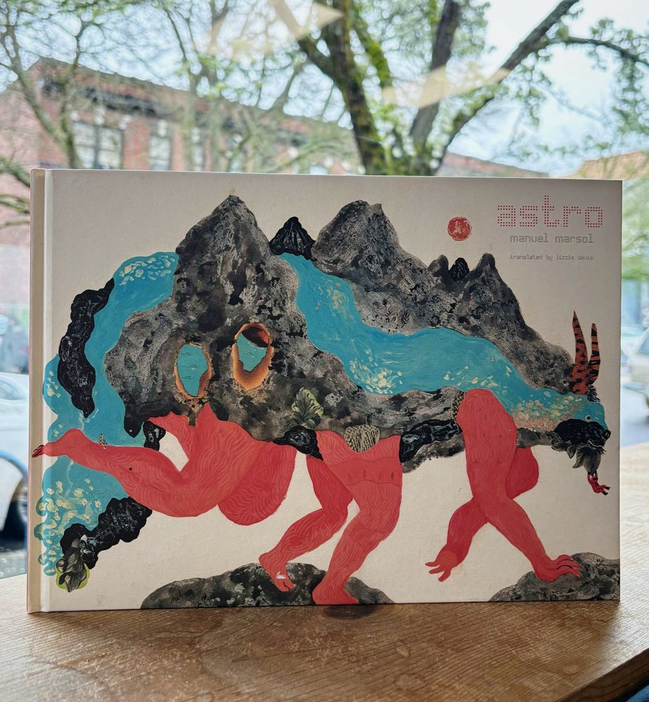 Picture book ‘Astro’ written and illustrated by Manuel Marsol, translated by Lizzie Davis. A large multilimbed creature with mountain- and river-like features spans the cover with a tiny human figure hanging from its chin.