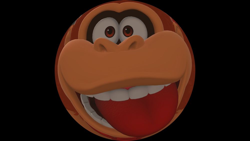 A close up screenshot of Donkey Kong using a filter that makes it look like he's a ball.