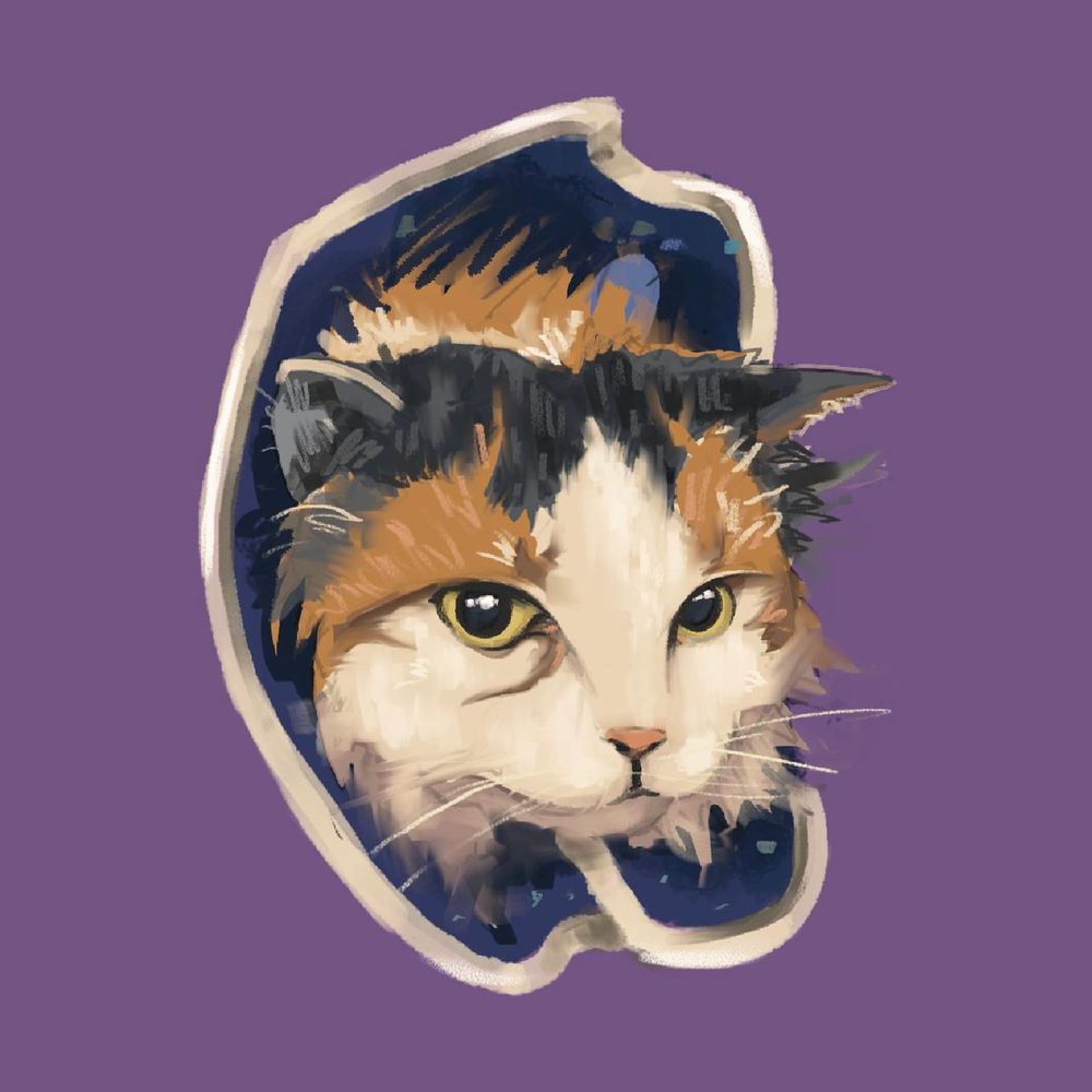Digital painting of a cat's head in a cone